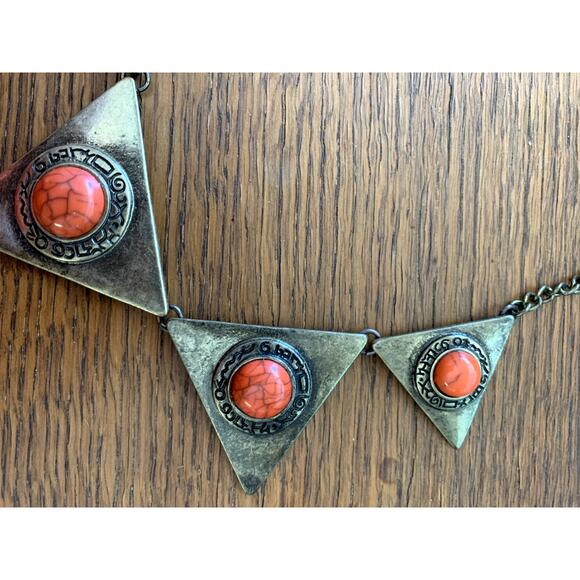 Triangle ORANGE Copper Burnt Gold AZTEC Tribal NECKLACE - Picture 4 of 7
